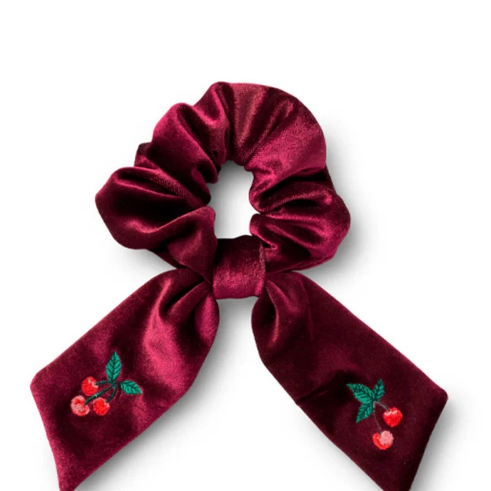 NWT Rifle Velvet Cherry Embroidered Hair Scrunchie